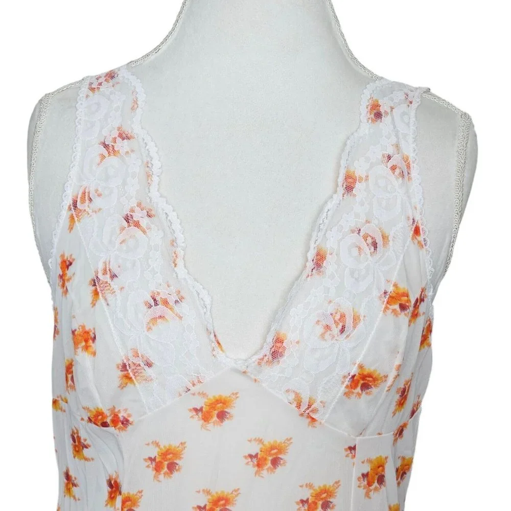 VTG Sheer‎ White Orange Floral Full Slip Sz M Lace Trim Poland 60s 70s Nylon